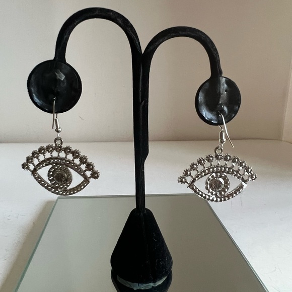 Silver rhinestone evil eye dangle drop chandelier earrings - Picture 5 of 10